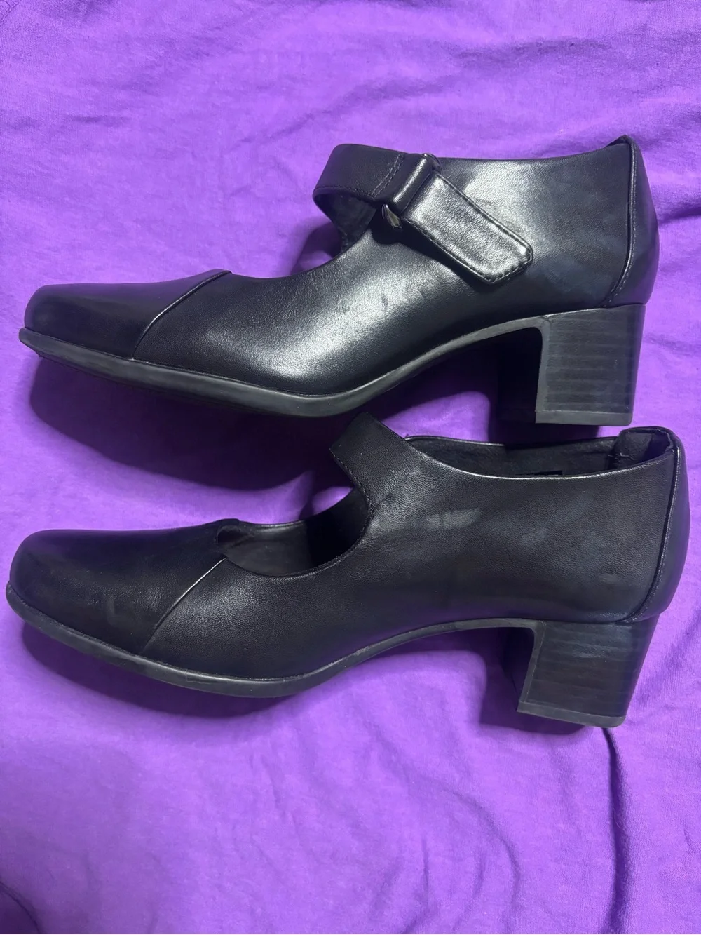 Clarks Black Leather Block Heel Mary Jane with Ankle Strap